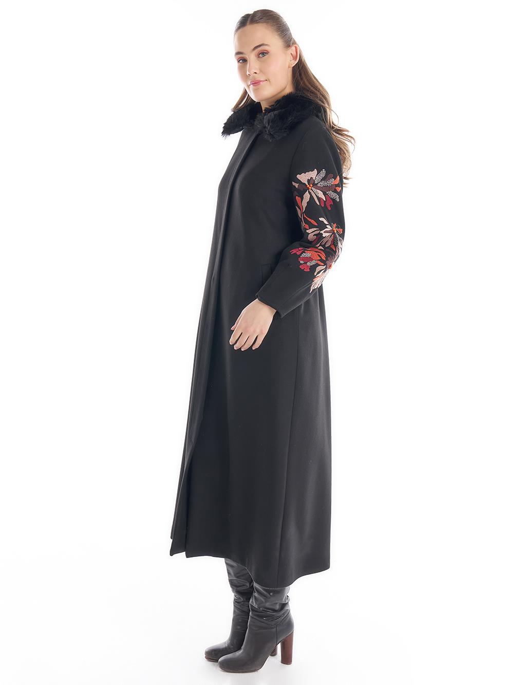 Faux Fur Detailed Embroidered Coat Black