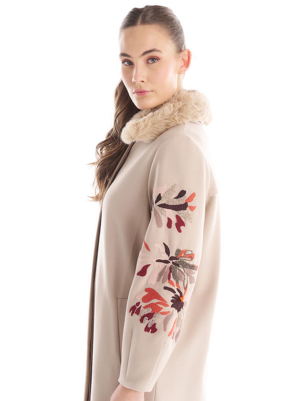 Faux Fur Detailed Embroidered Coat Stone