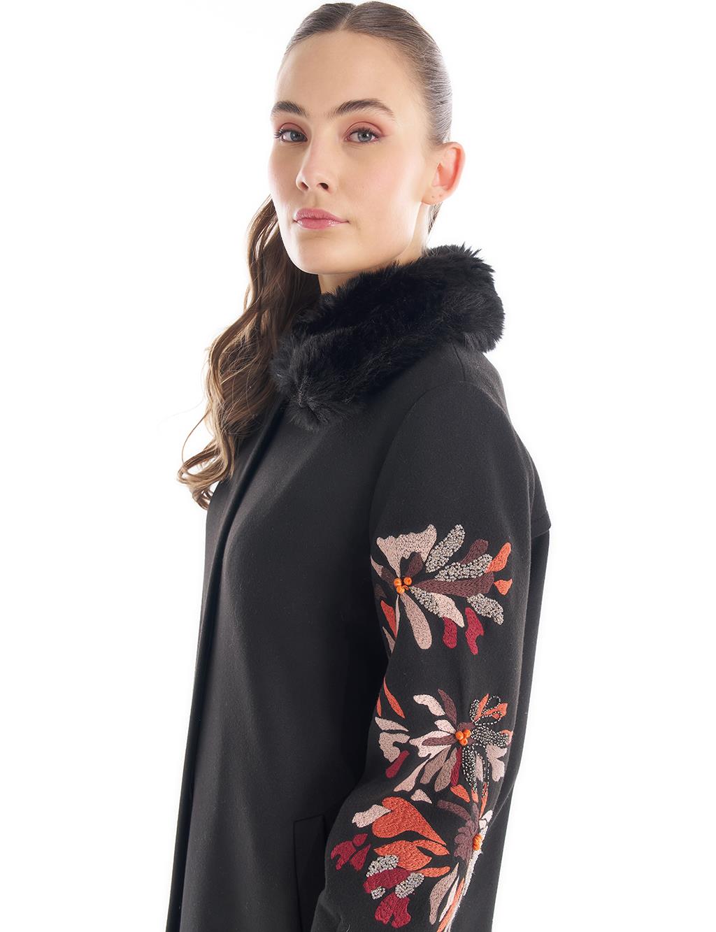 Faux Fur Detailed Embroidered Coat Black