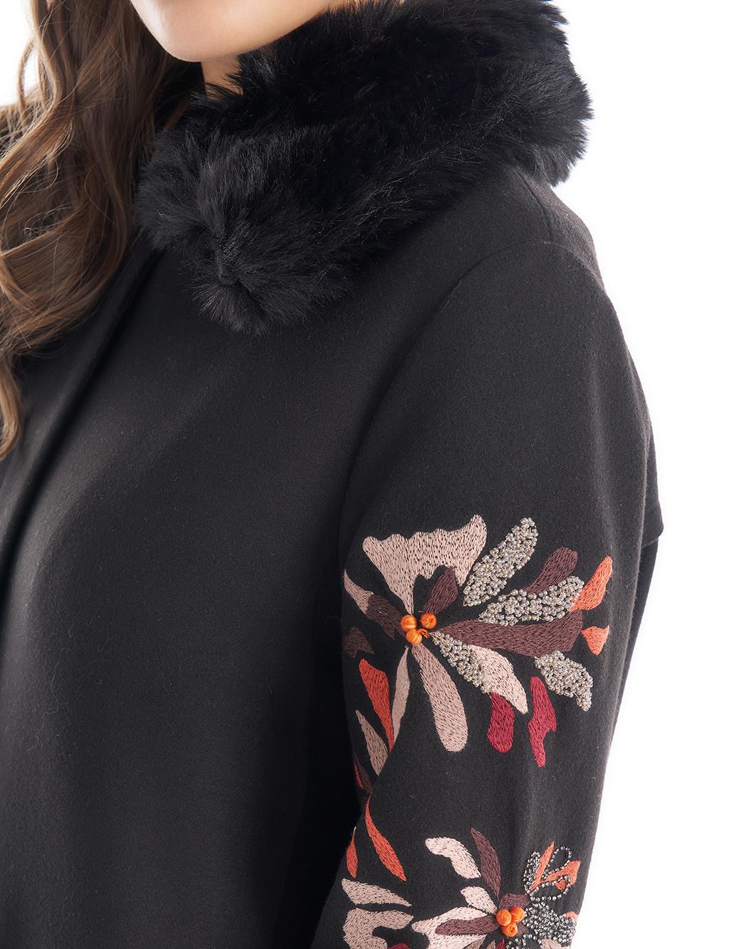 Faux Fur Detailed Embroidered Coat Black