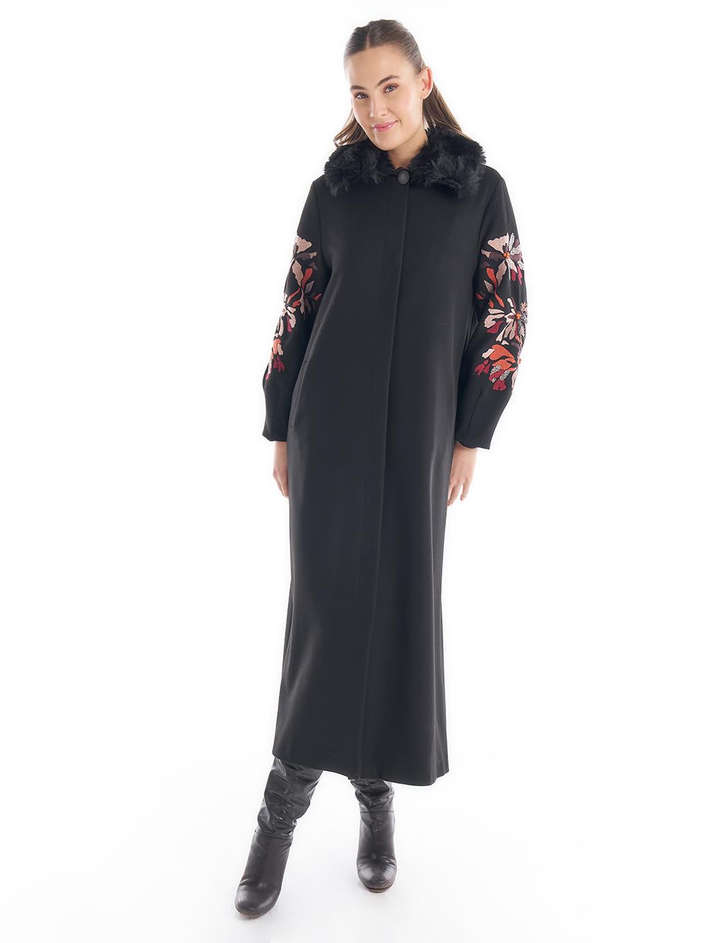 Faux Fur Detailed Embroidered Coat Black