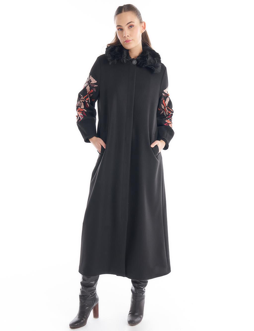 Faux Fur Detailed Embroidered Coat Black