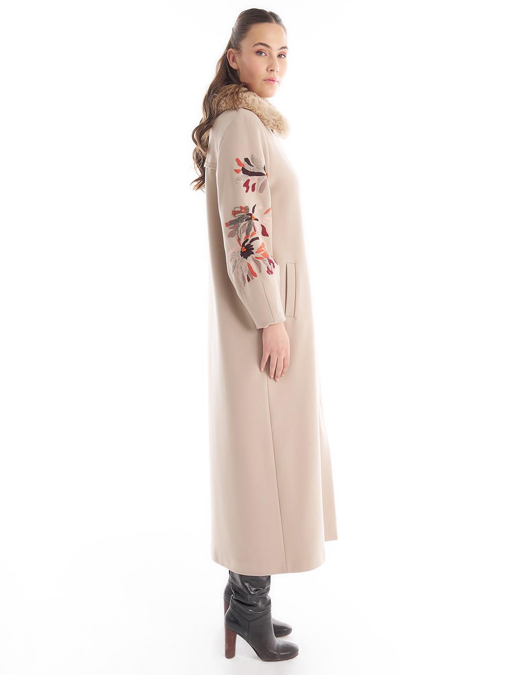 Faux Fur Detailed Embroidered Coat Stone