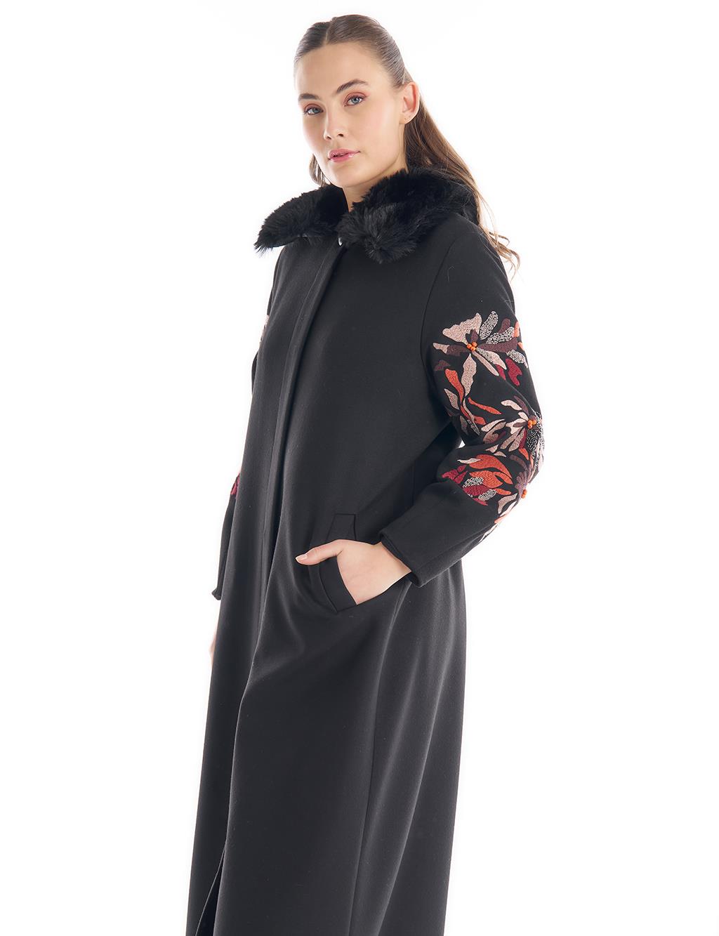 Faux Fur Detailed Embroidered Coat Black