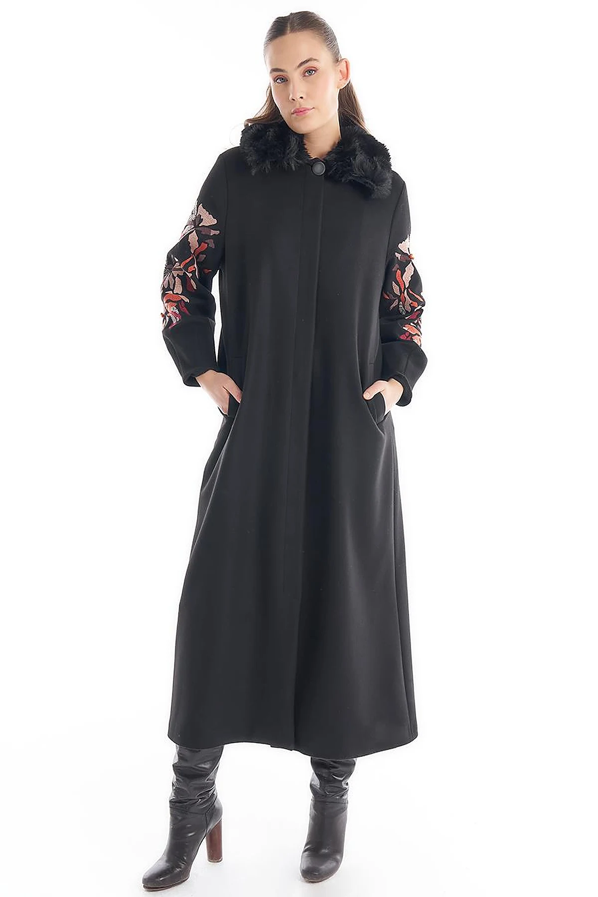 Faux Fur Detailed Embroidered Coat Black