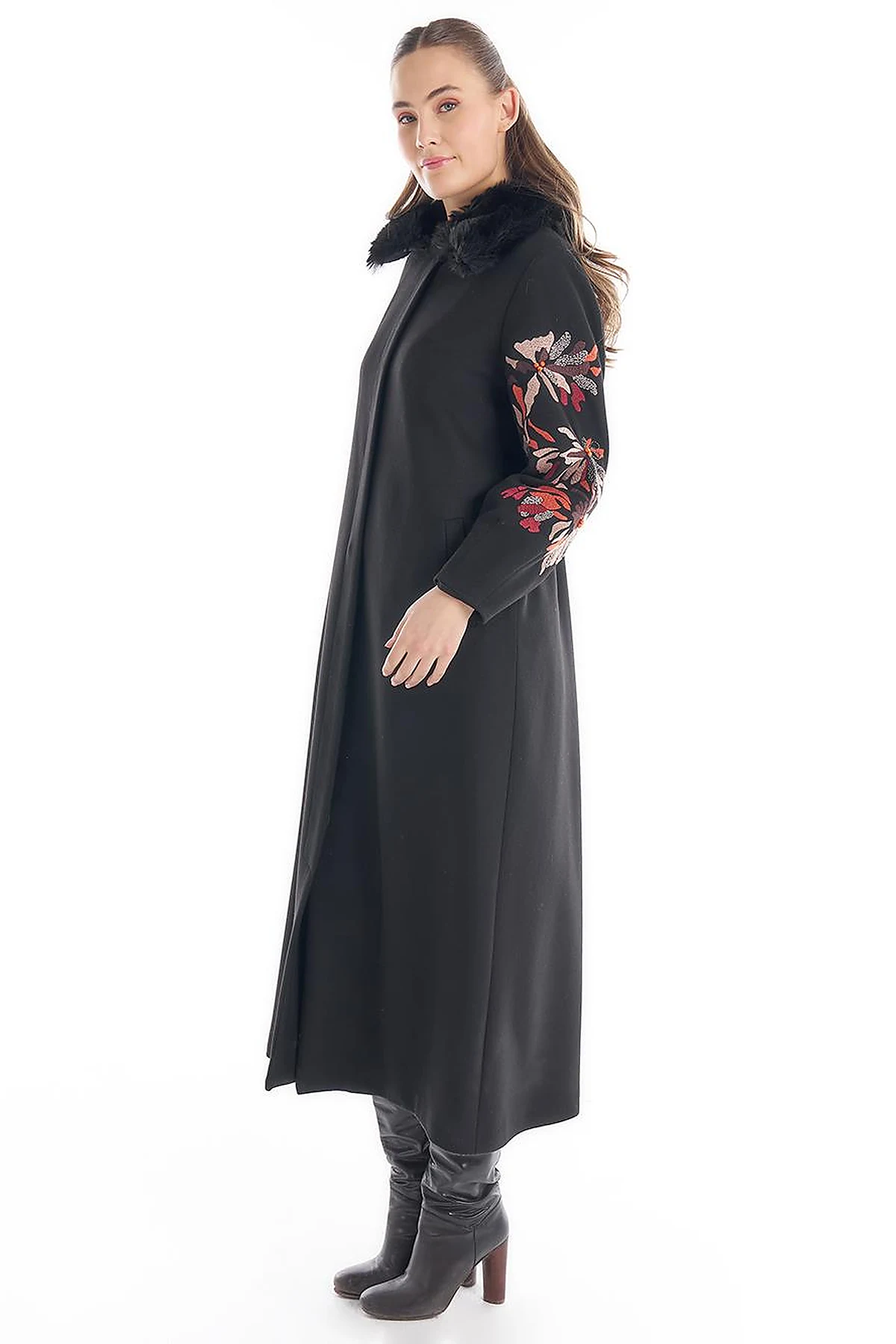 Faux Fur Detailed Embroidered Coat Black