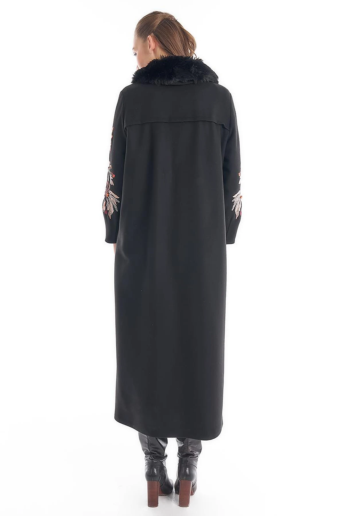 Faux Fur Detailed Embroidered Coat Black