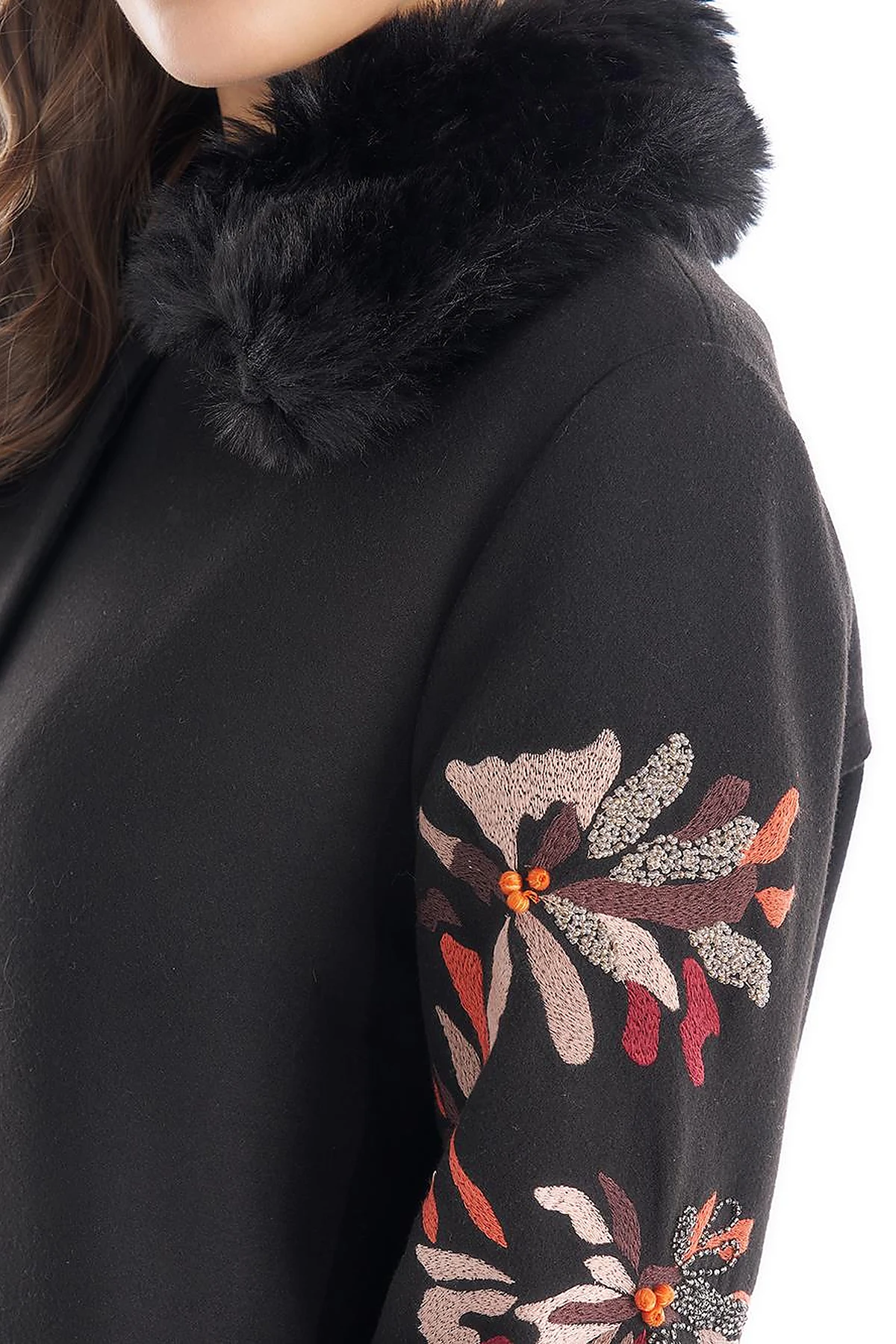 Faux Fur Detailed Embroidered Coat Black