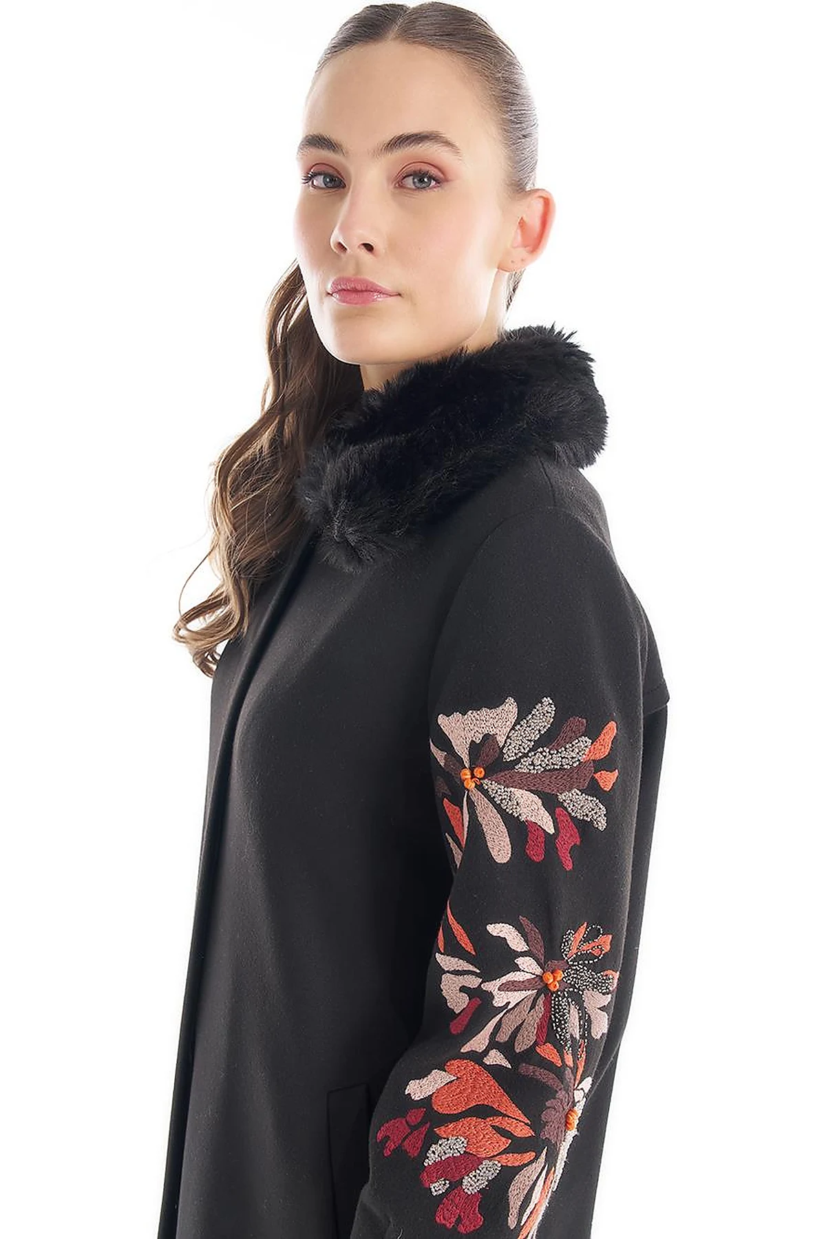 Faux Fur Detailed Embroidered Coat Black