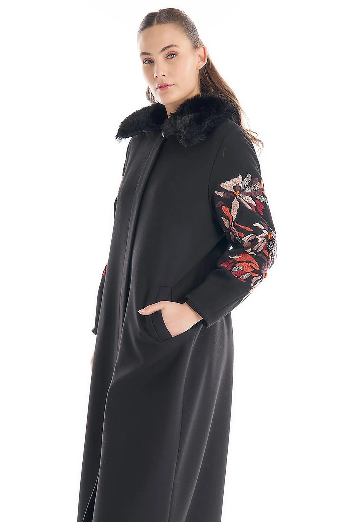 Faux Fur Detailed Embroidered Coat Black
