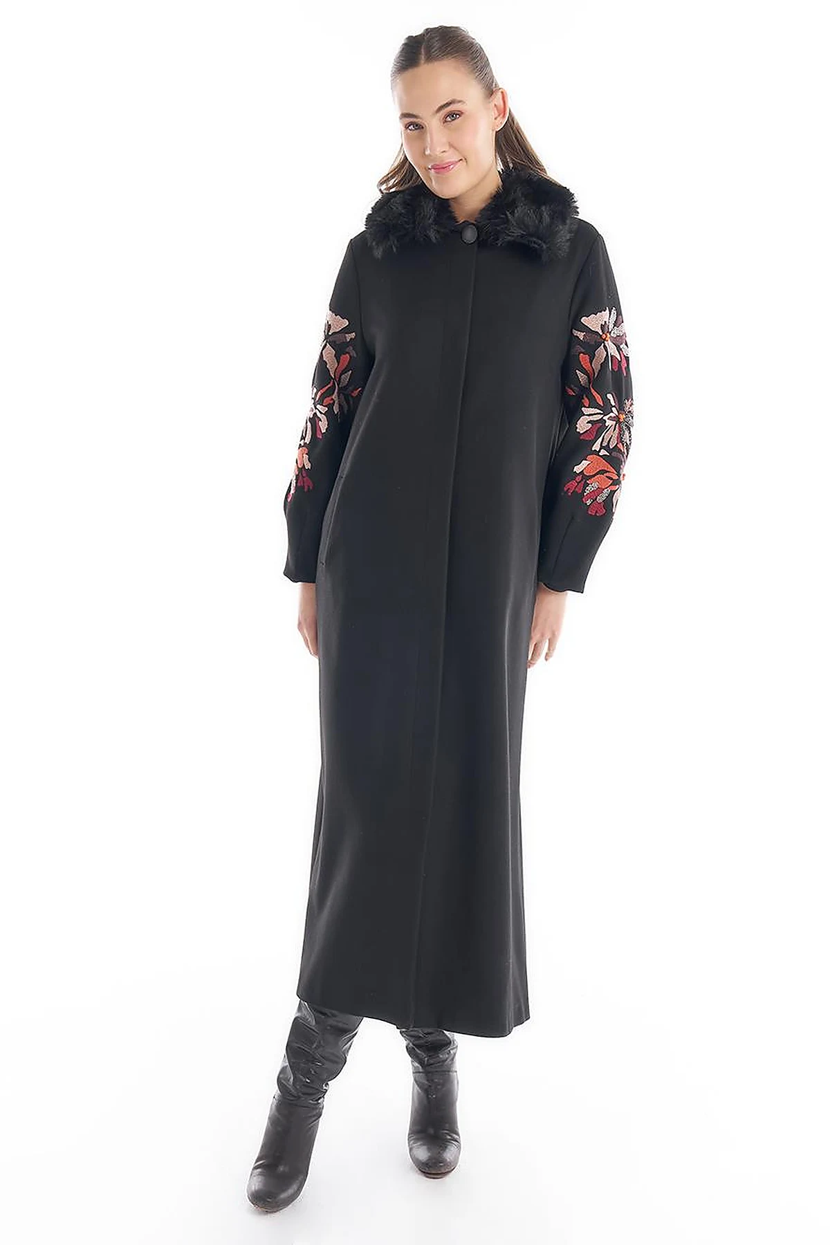 Faux Fur Detailed Embroidered Coat Black