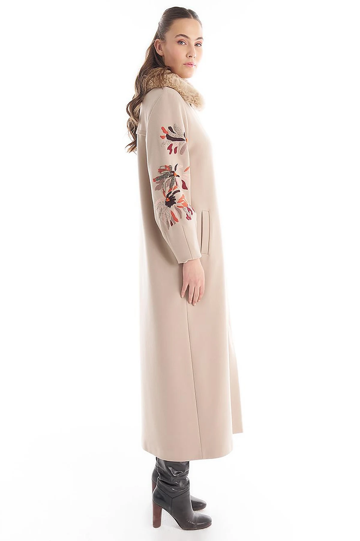 Faux Fur Detailed Embroidered Coat Stone