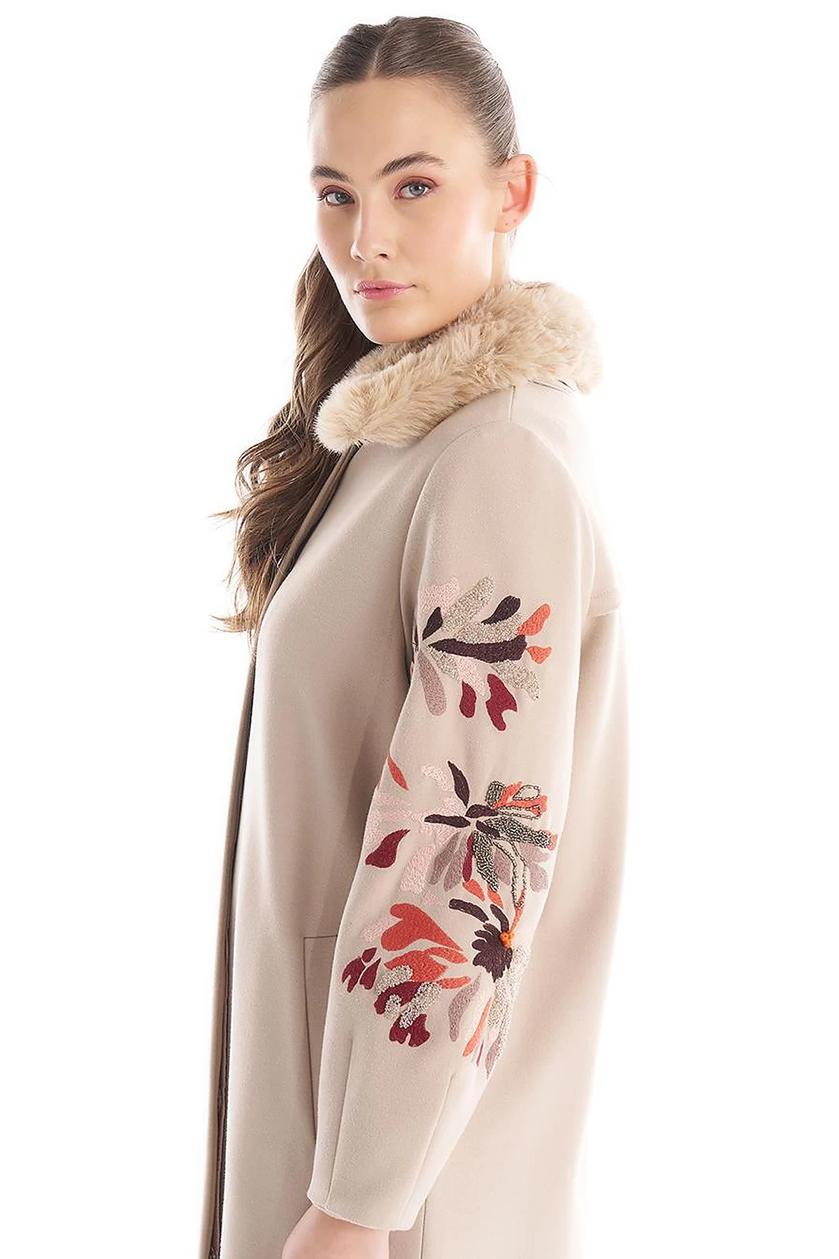 Faux Fur Detailed Embroidered Coat Stone