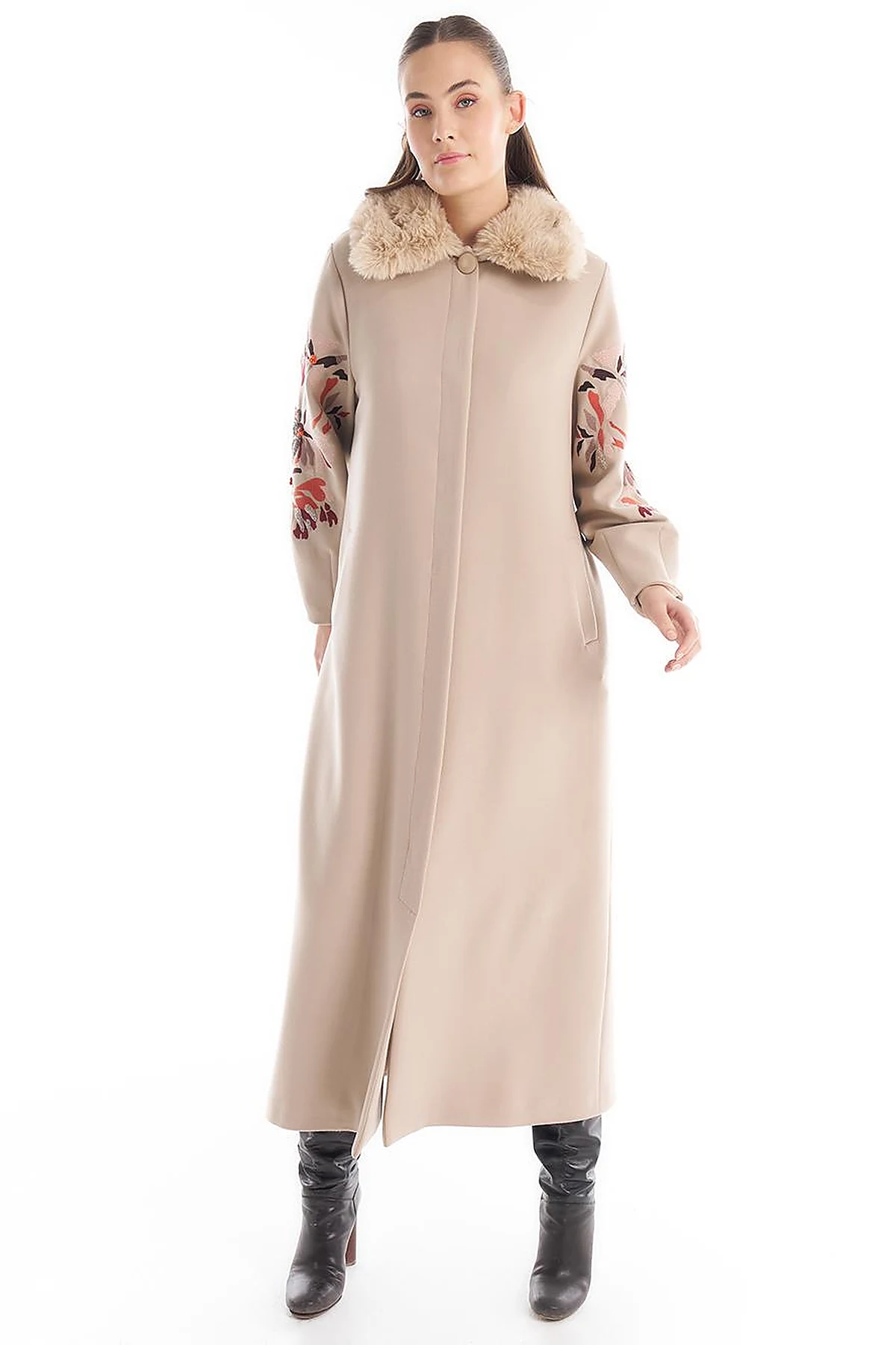 Faux Fur Detailed Embroidered Coat Stone