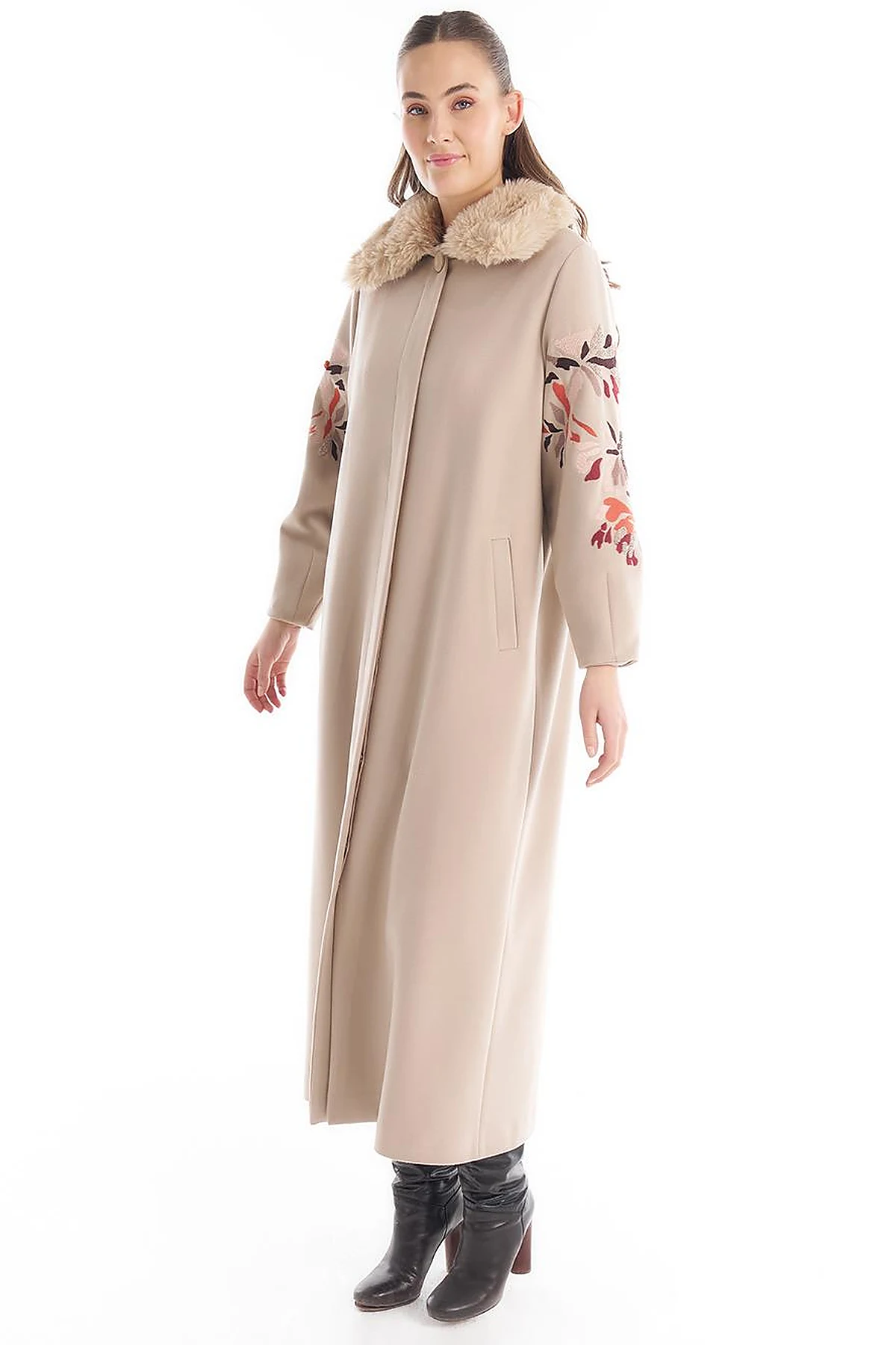 Faux Fur Detailed Embroidered Coat Stone
