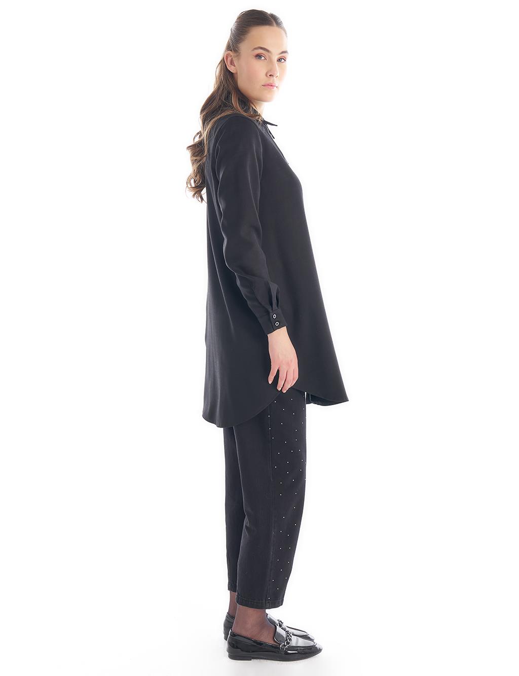 Shirt Collar Tunic with Knit Stitching in Black