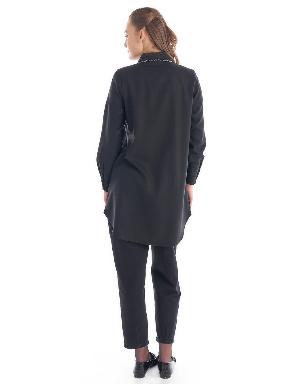 Shirt Collar Tunic with Knit Stitching in Black