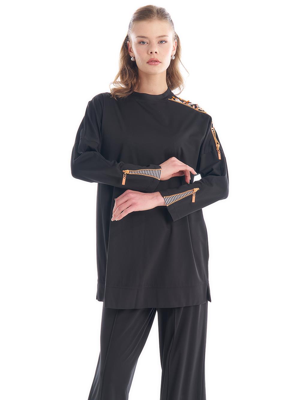 Shoulder-Embroidered Zero Collar Tunic Black