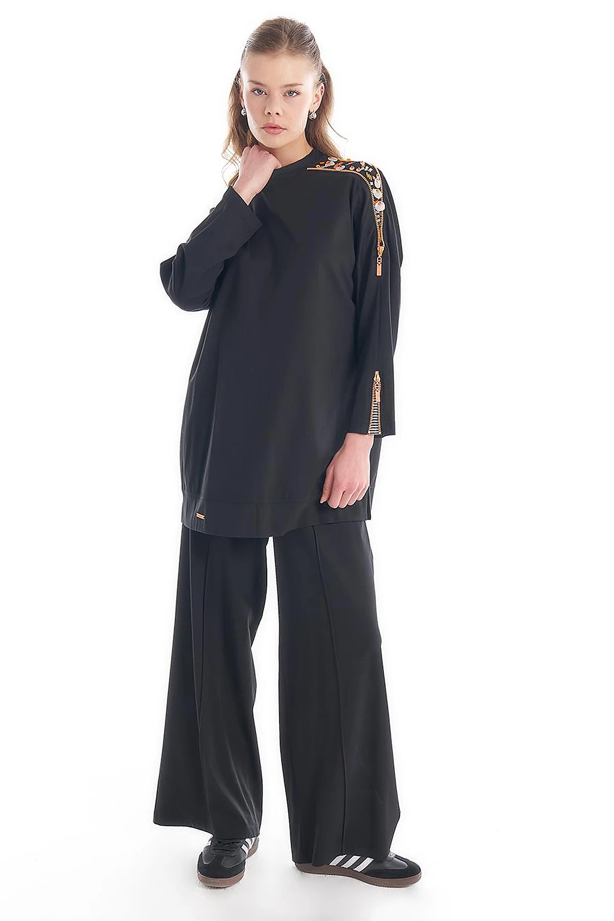 Crew Neck Tunic with Embroidered Shoulders Black