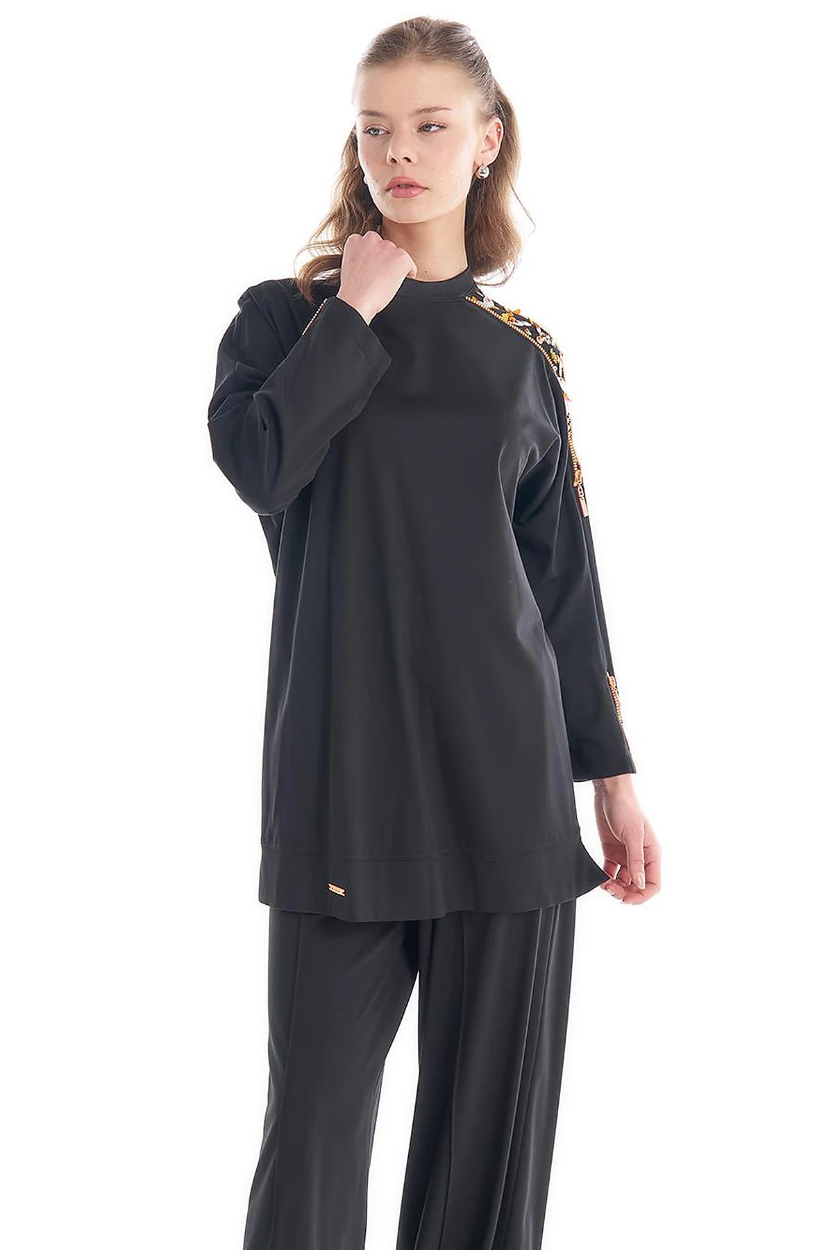Crew Neck Tunic with Embroidered Shoulders Black