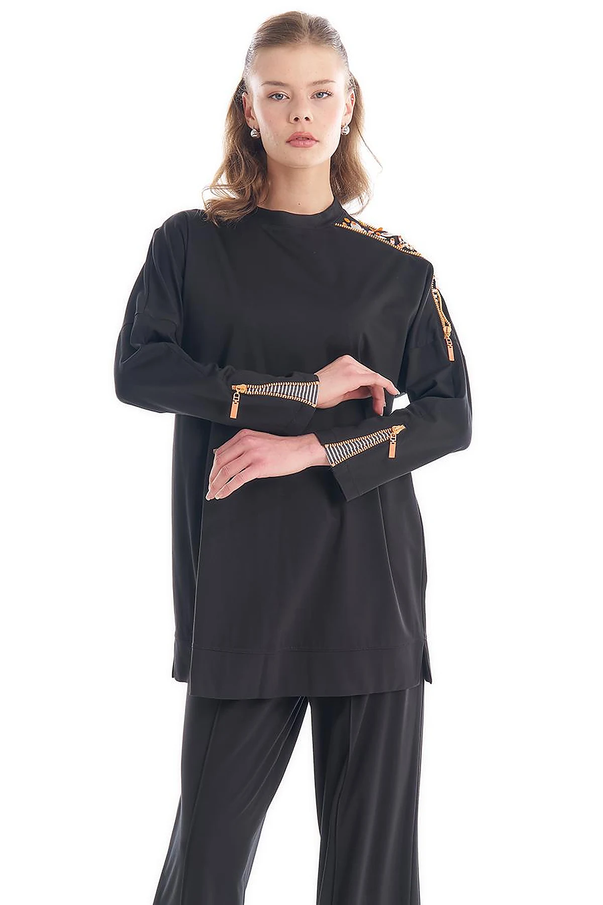 Crew Neck Tunic with Embroidered Shoulders Black