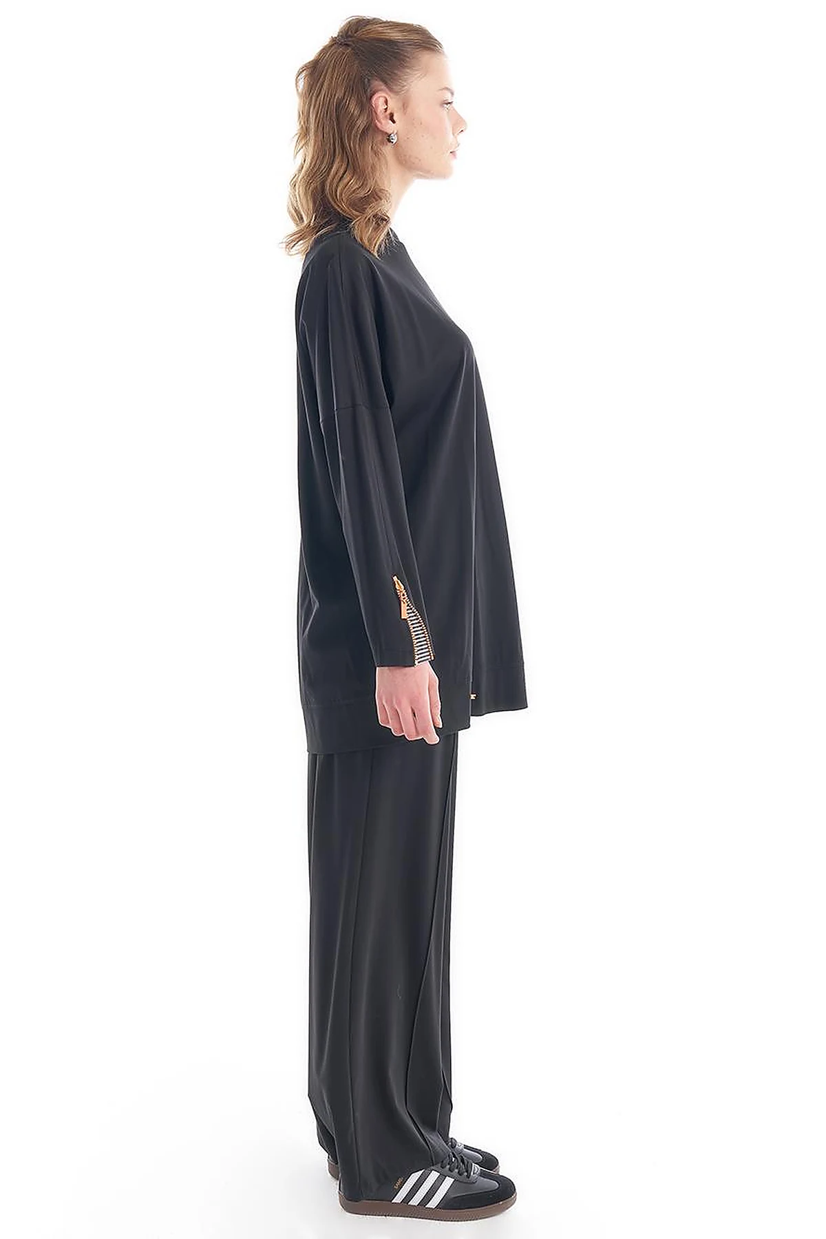 Crew Neck Tunic with Embroidered Shoulders Black