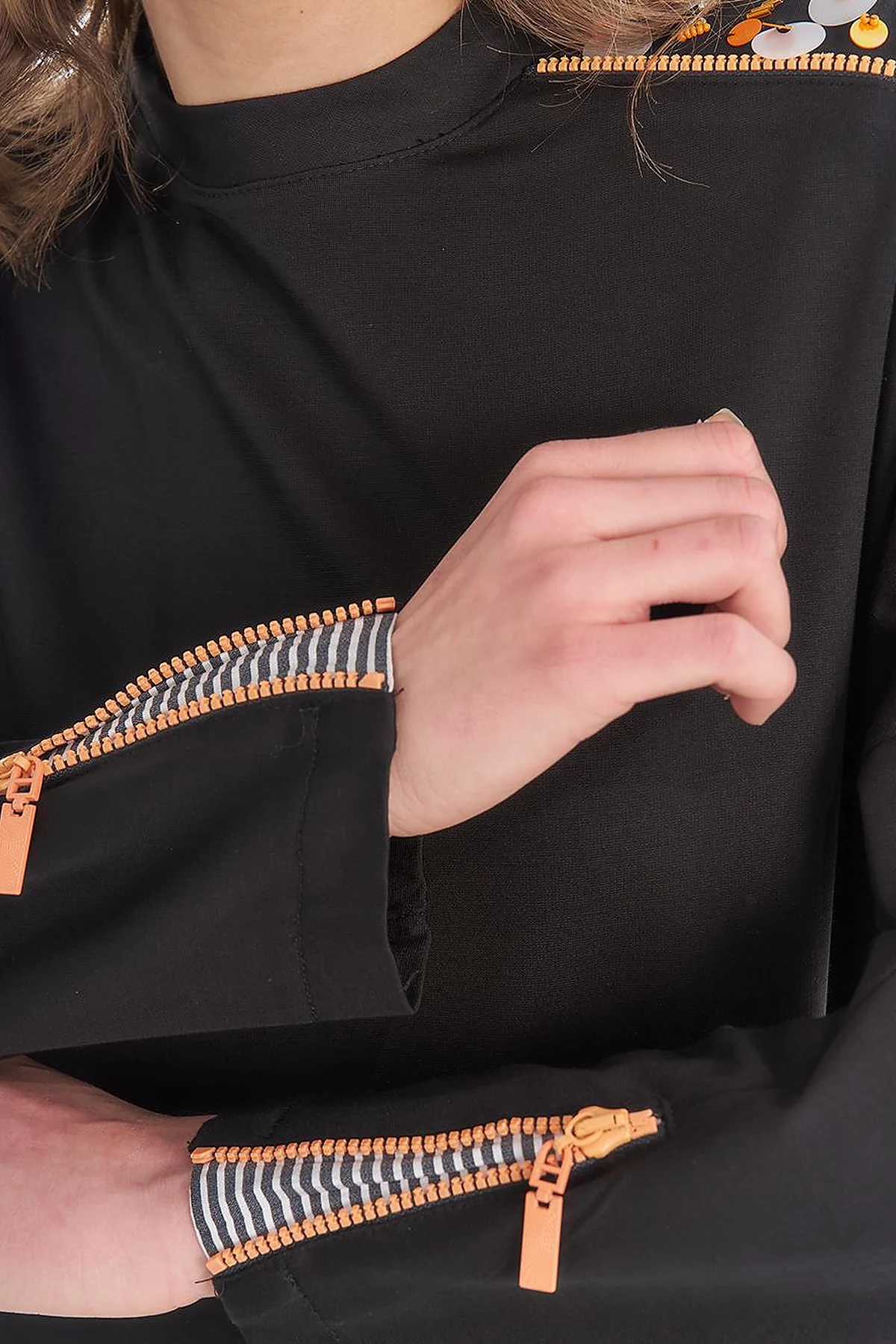 Crew Neck Tunic with Embroidered Shoulders Black
