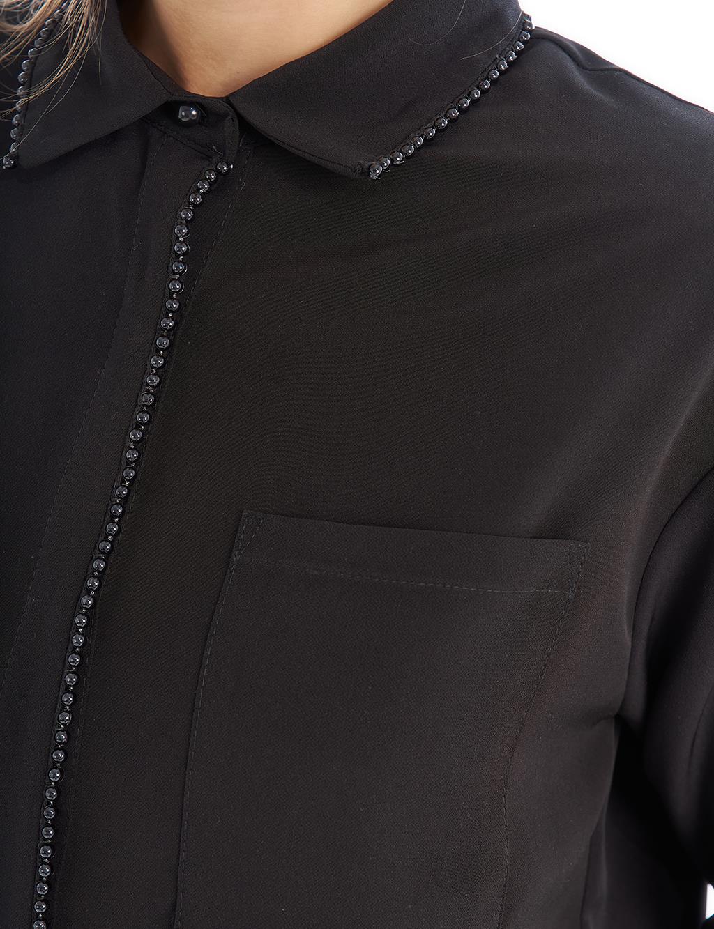 İnci Detaylı Gömlek Yaka Tunik Siyah