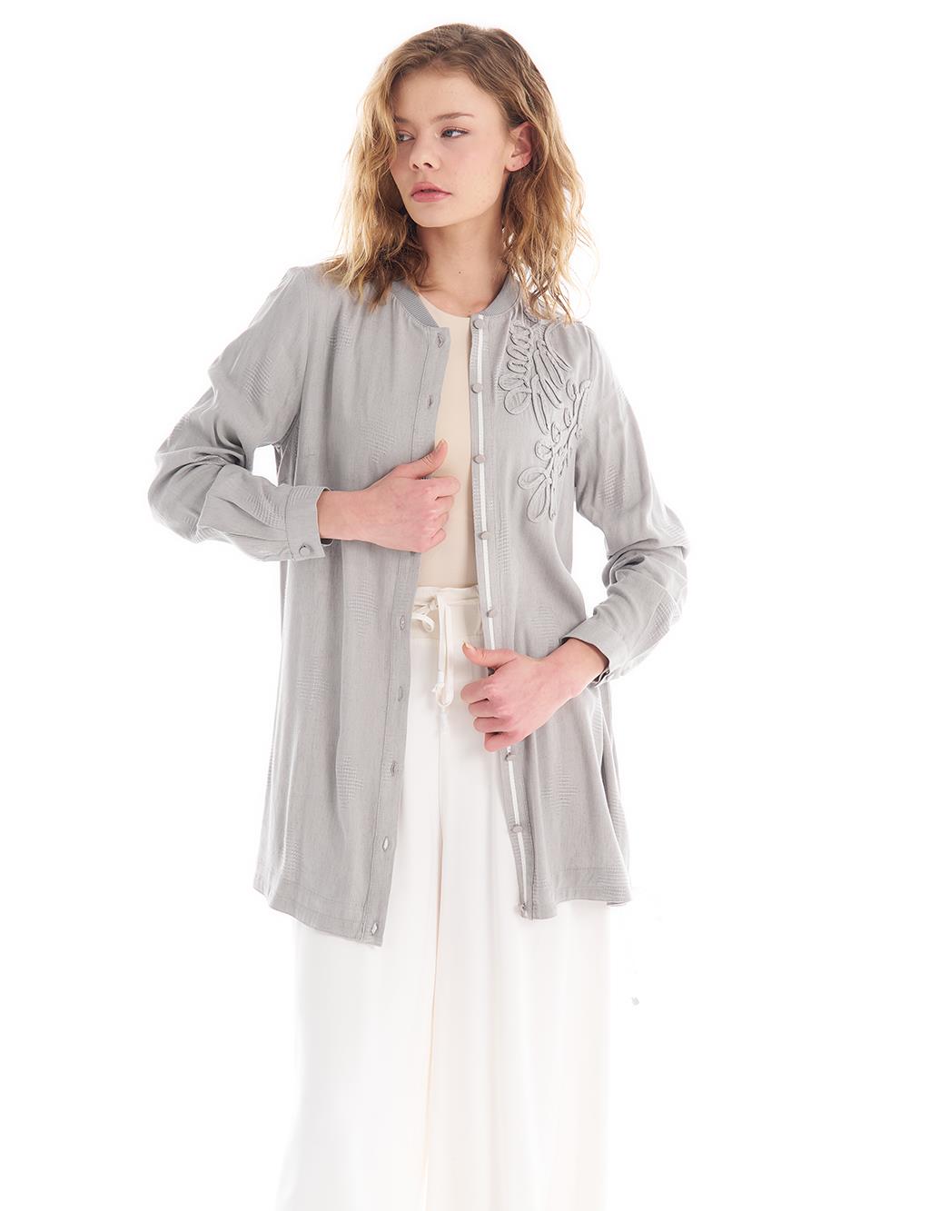Embroidered Crew Neck Tunic Gray