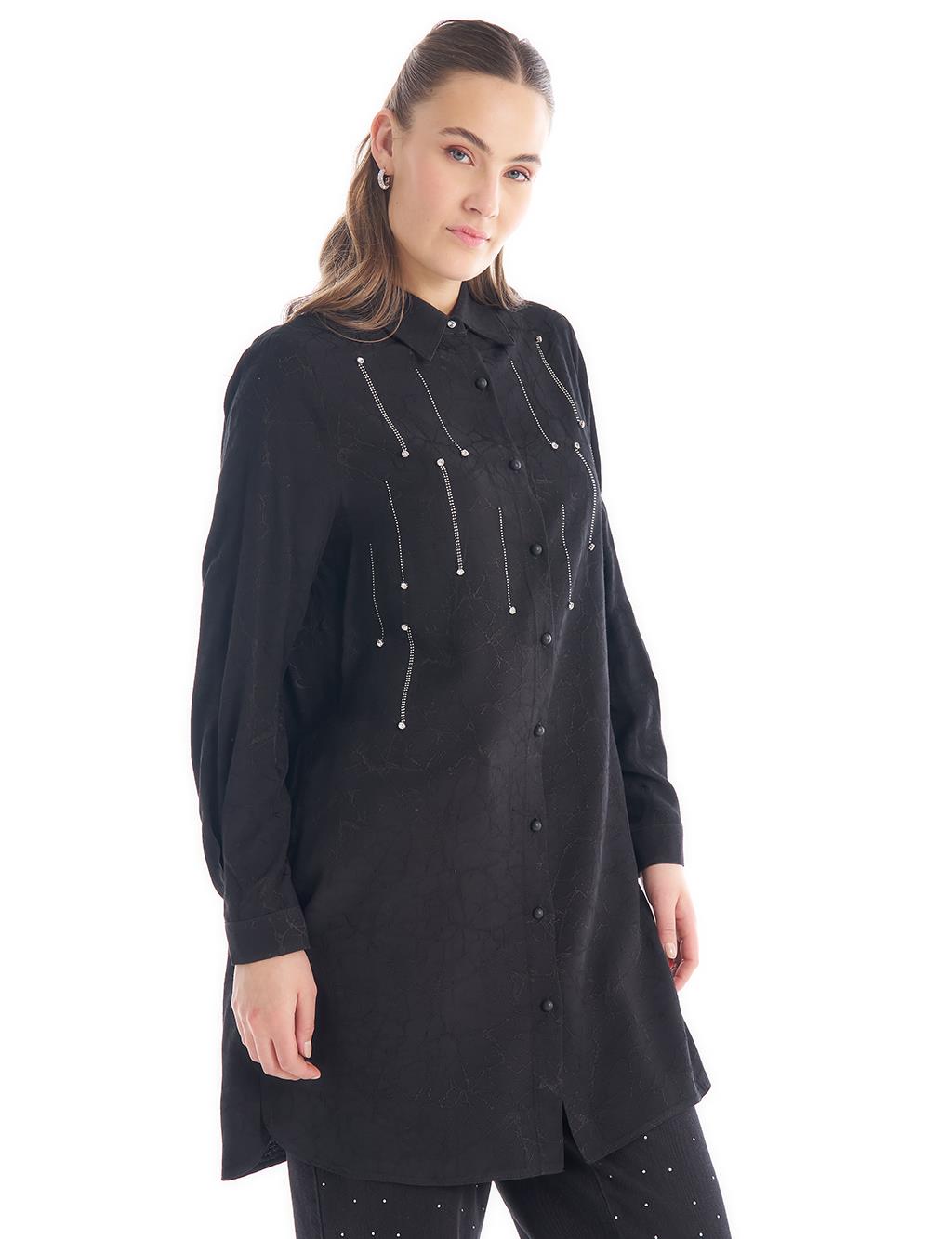 Stone Embroidered Abstract Pattern Tunic Black