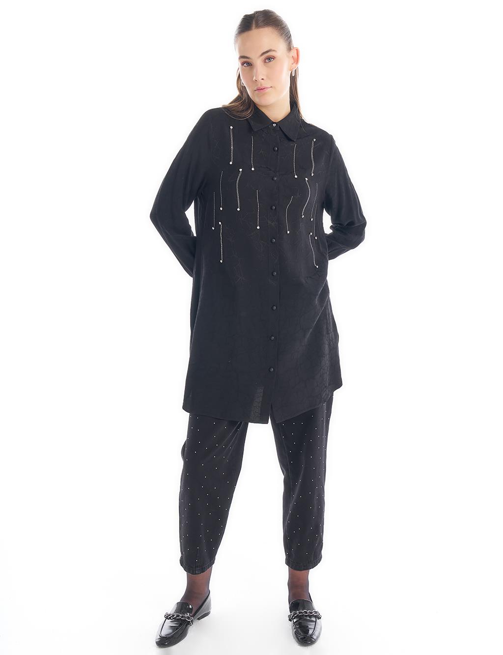 Stone Embroidered Abstract Pattern Tunic Black