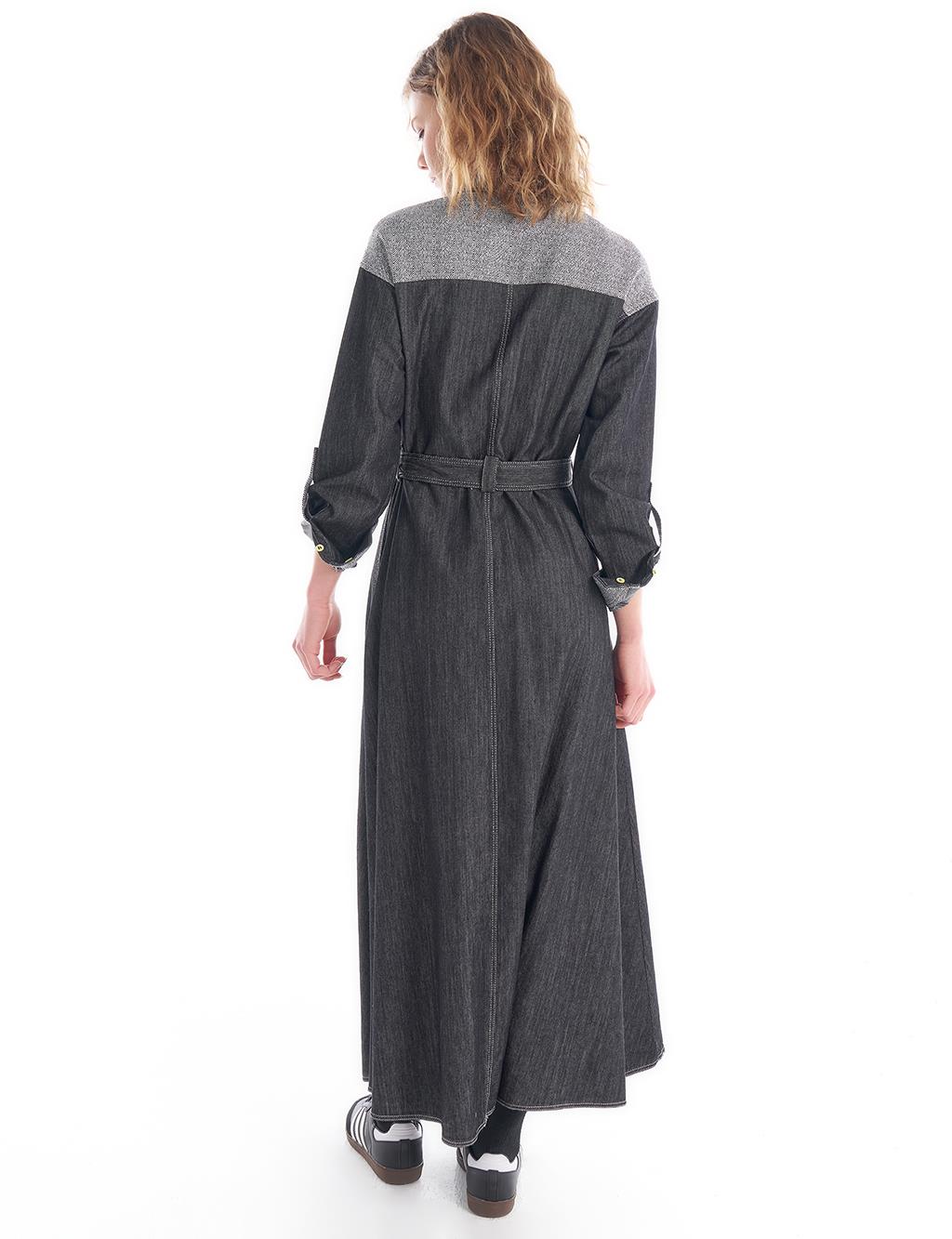 Contrast Stitched Double Pocket Denim Dress Black