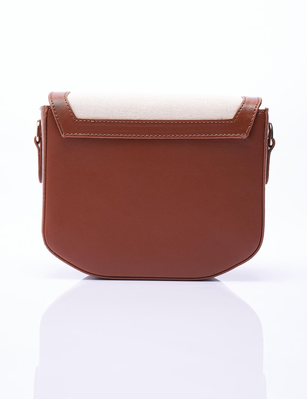 Faux Leather Mixed Canvas Bag Brown