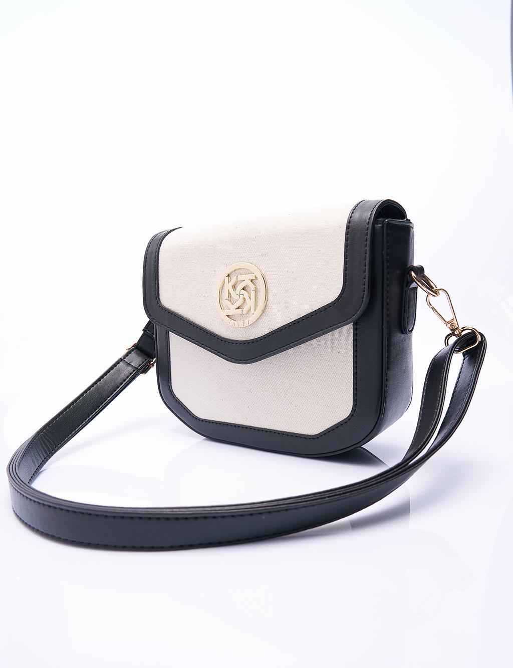 Faux Leather Mixed Canvas Bag Black-Cream