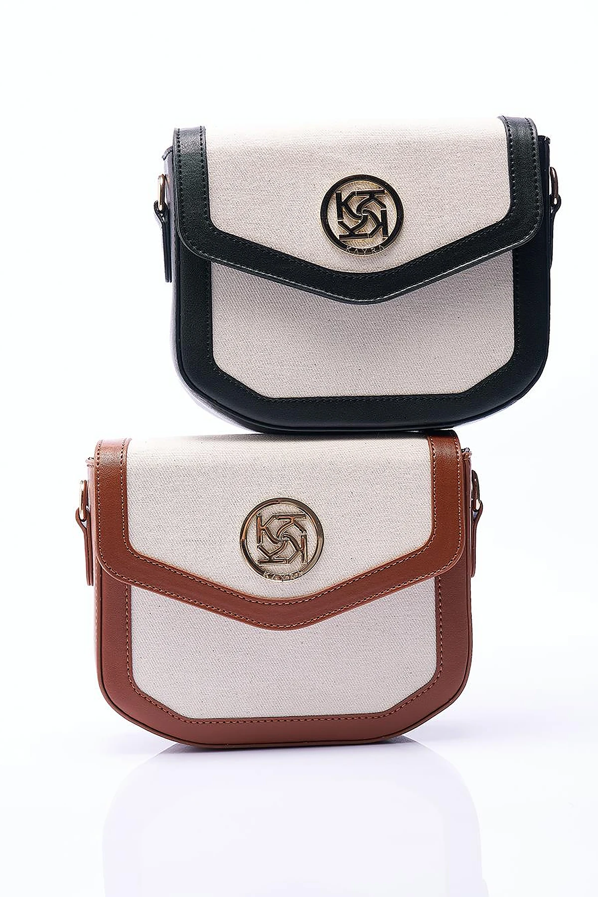 Faux Leather Mixed Canvas Bag Black-Cream