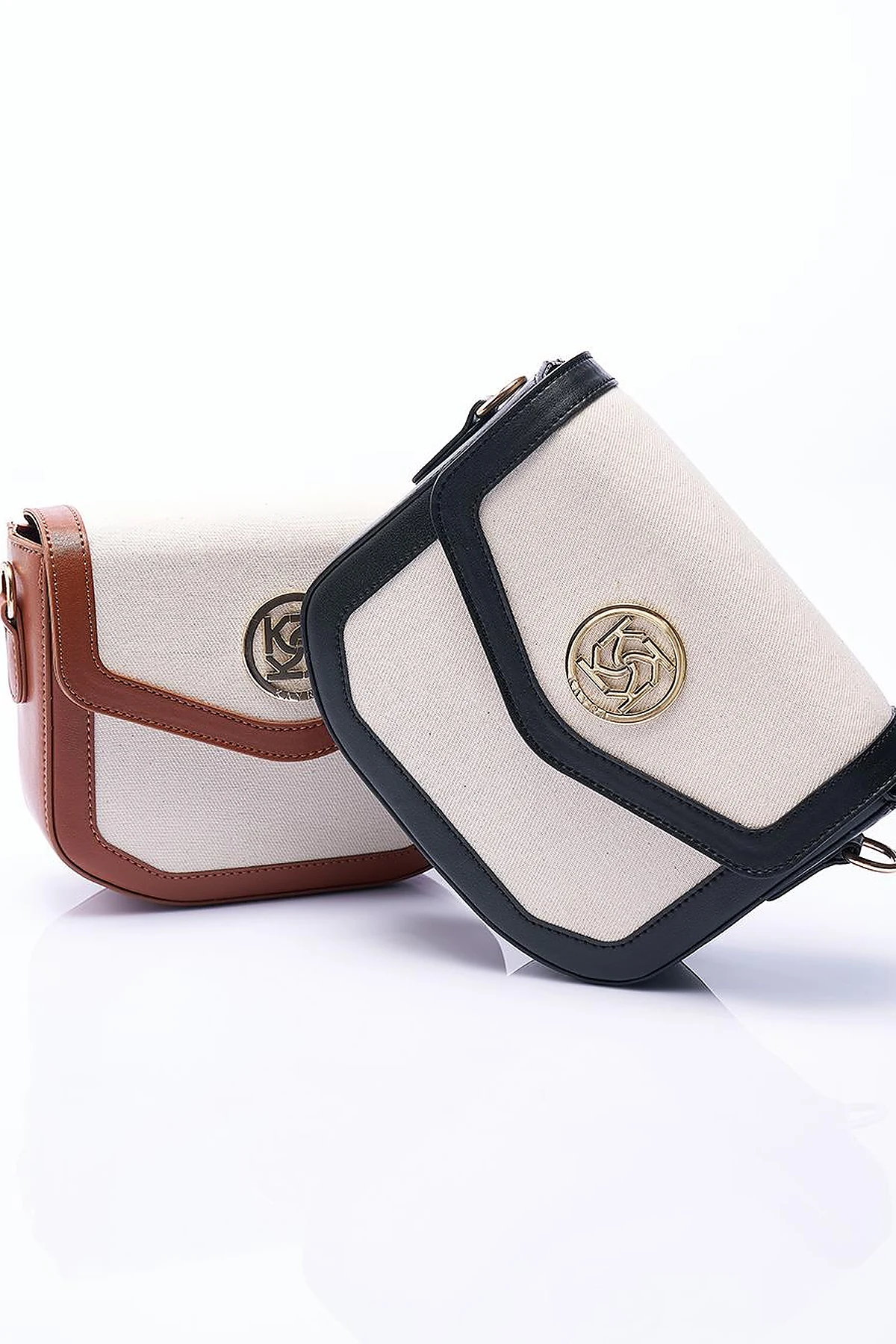 Faux Leather Mixed Canvas Bag Black-Cream