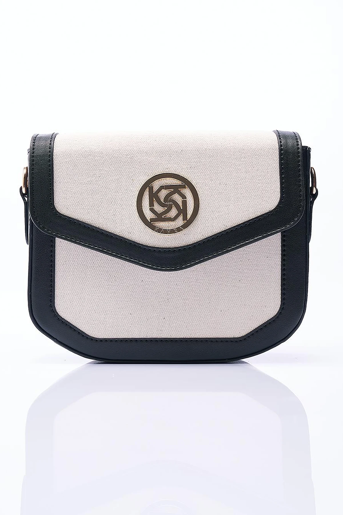 Faux Leather Mixed Canvas Bag Black-Cream