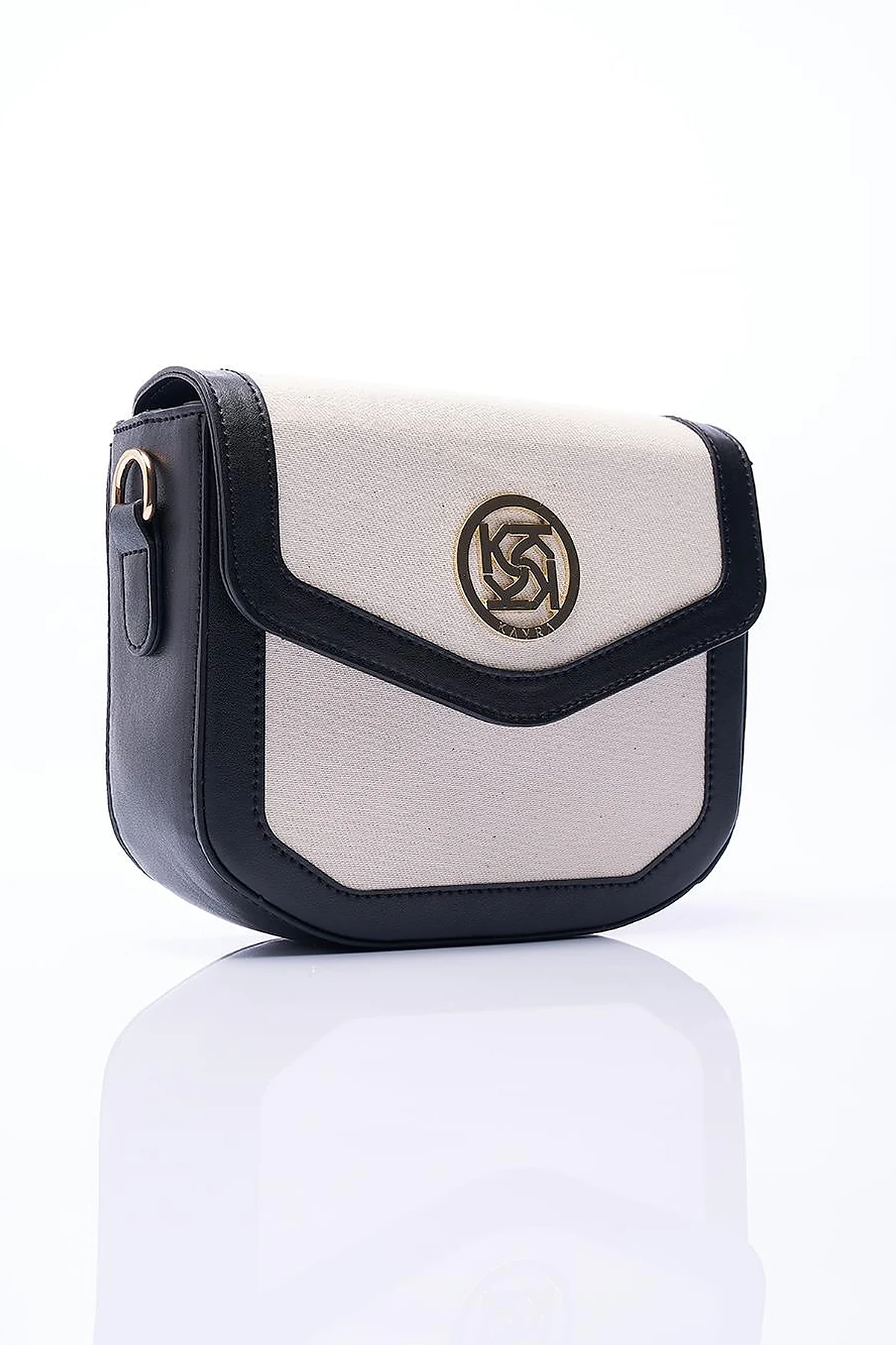 Faux Leather Mixed Canvas Bag Black-Cream