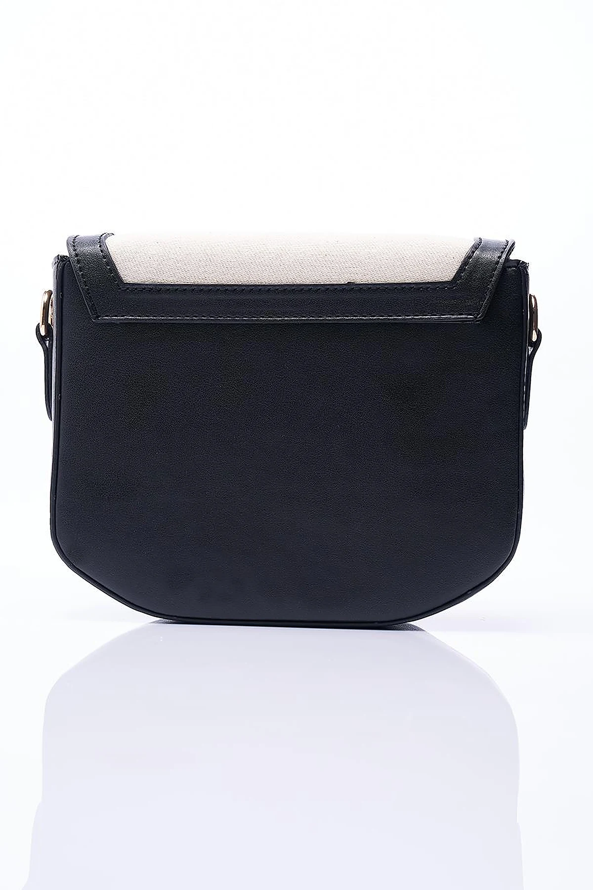 Faux Leather Mixed Canvas Bag Black-Cream