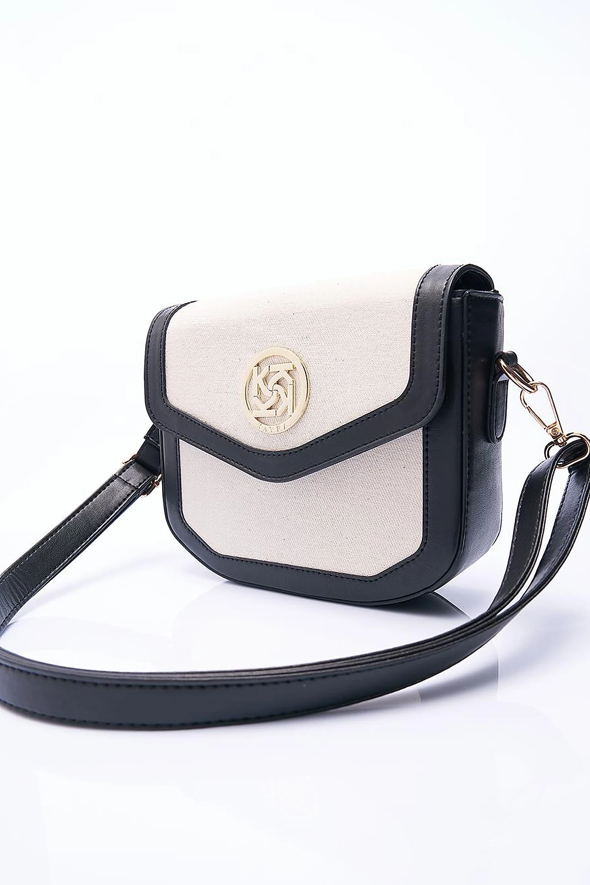 Faux Leather Mixed Canvas Bag Black-Cream