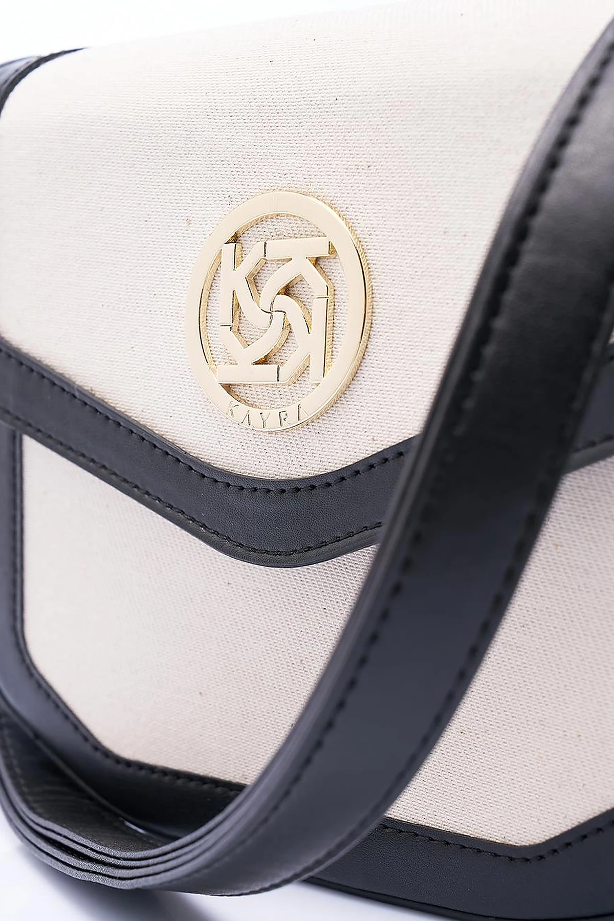 Faux Leather Mixed Canvas Bag Black-Cream
