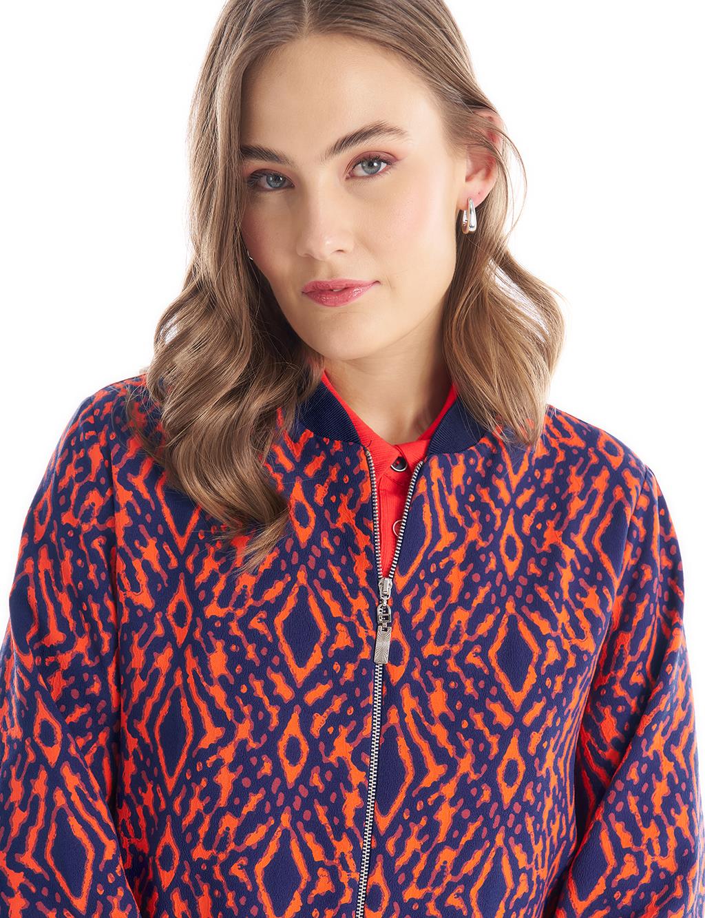College Collar Abstract Pattern Zippered Bomber Jacket Navy Blue