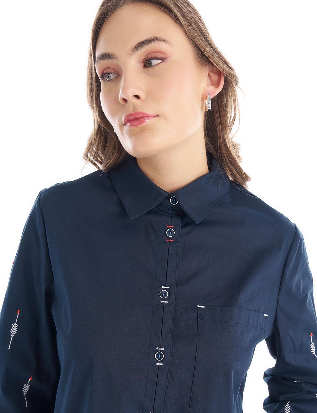 Embroidered Shirt Collar Tunic Dark Navy Blue