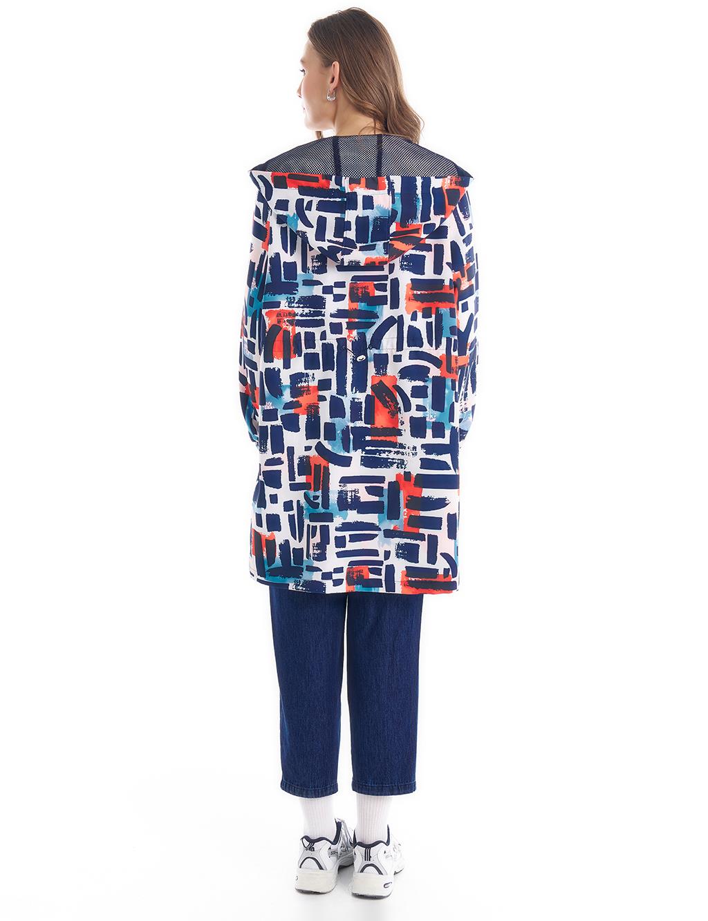 Mesh Hoodie Detailed Abstract Pattern Wear and Go Navy Blue