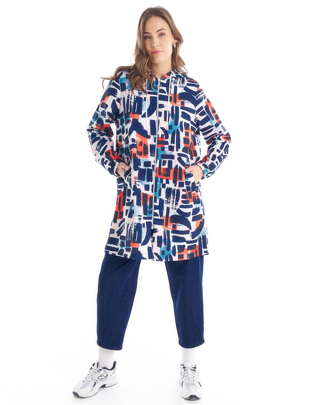 Mesh Hoodie Detailed Abstract Pattern Wear and Go Navy Blue