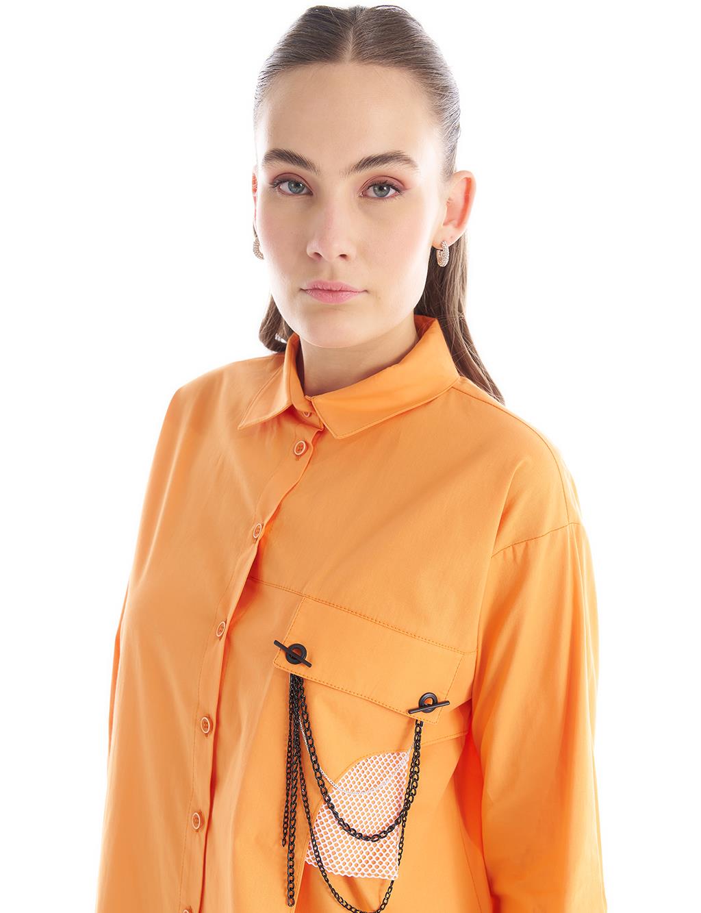Accessory Detailed Shirt Collar Blouse in Light Orange