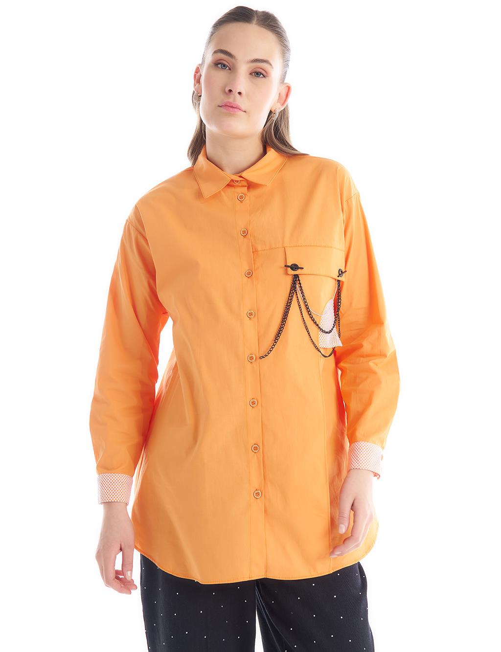 Accessory Detailed Shirt Collar Blouse in Light Orange