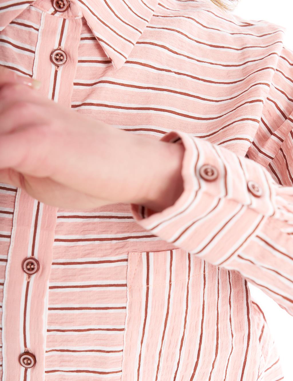 Striped Shirt Collar Tunic Powder