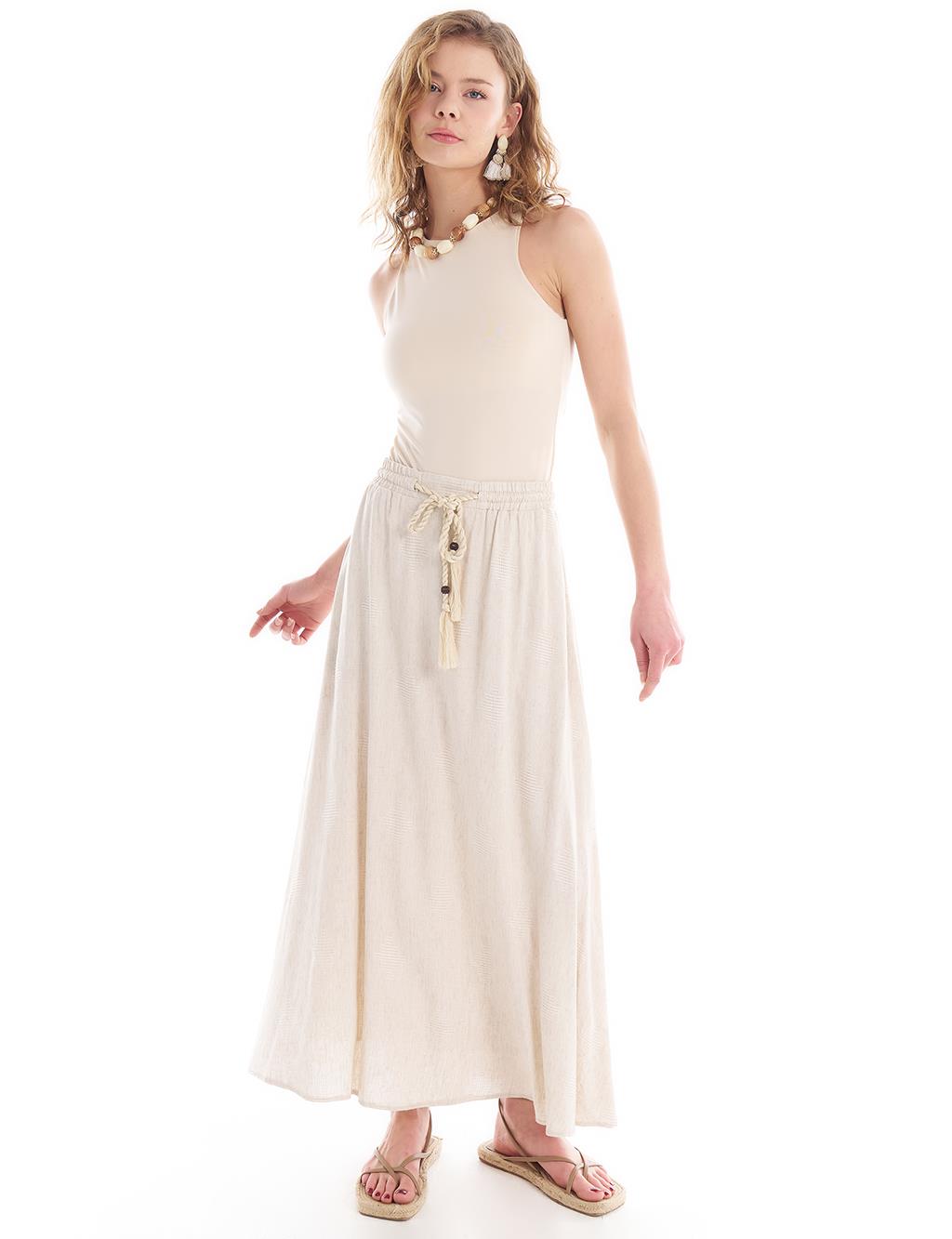 Tasseled Elastic Waist Linen Skirt Cream