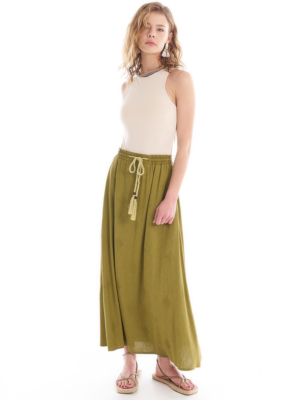 Tasseled Elastic Waist Linen Skirt Khaki